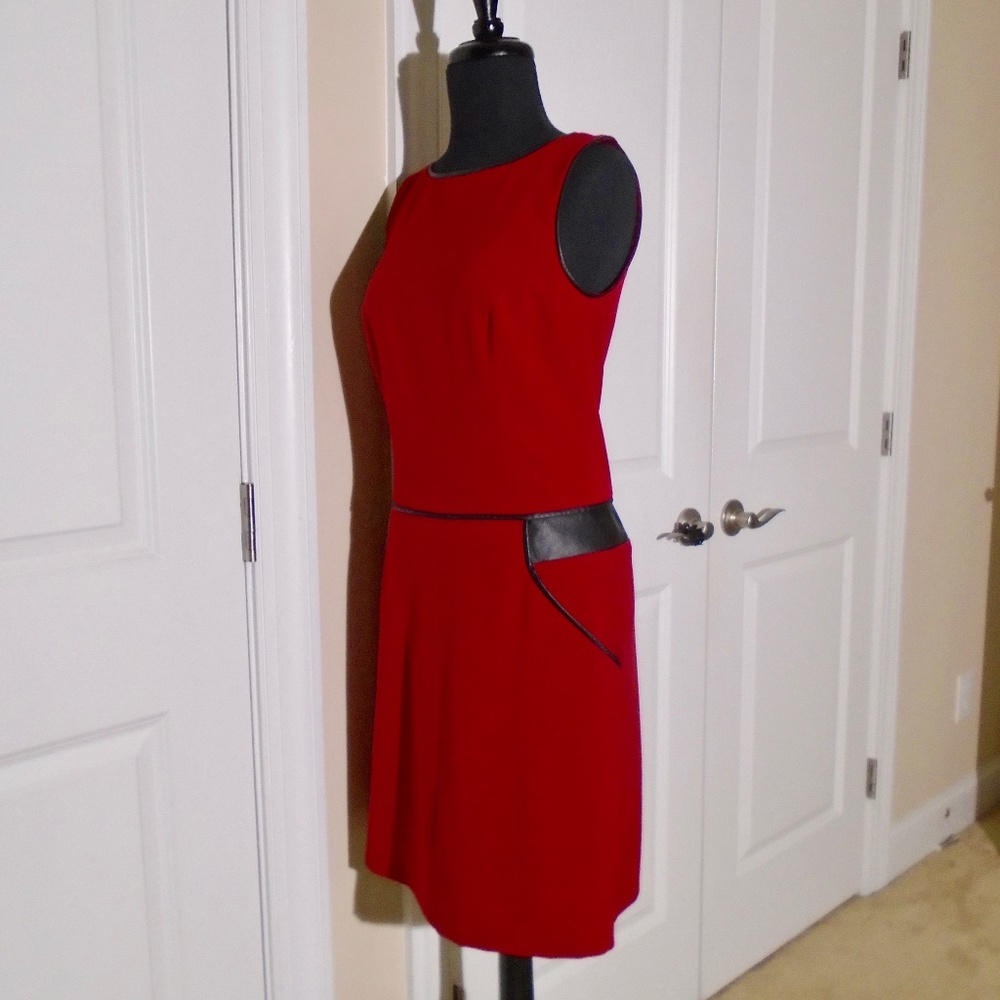 LAUREN Deep Red Faux Leather Trimmed Sheath Dress 2